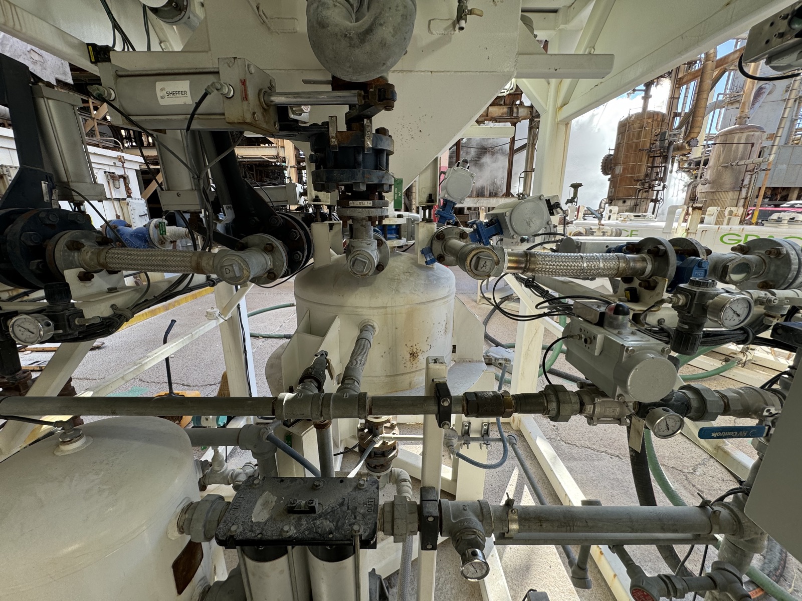 Actuated valves, transmitters and armored flex lines on a skid in a refinery unit